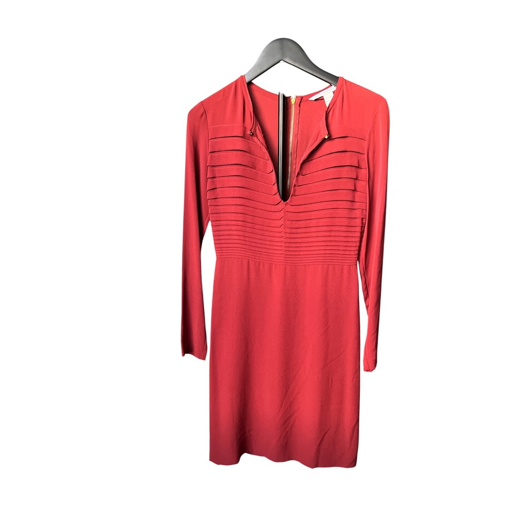 Diane von Furstenberg DVF brick  Silk Pleated Bodice Long Sleeve V-Neck Dress 2